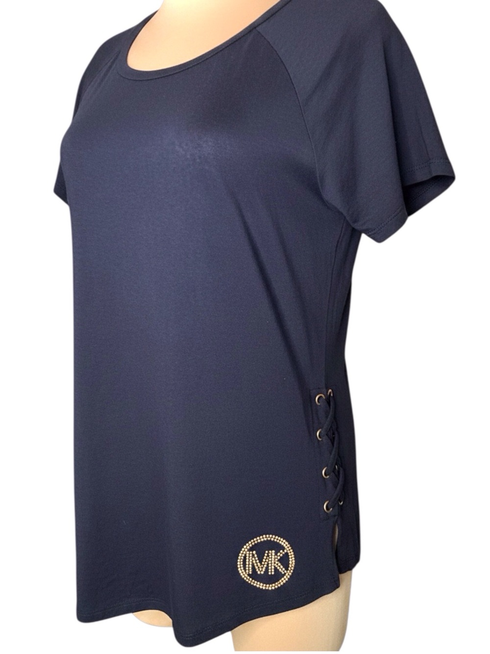 MICHEAL Michael Kors | Navy Blue Short Sleeve Rhinestone Logo Top M
